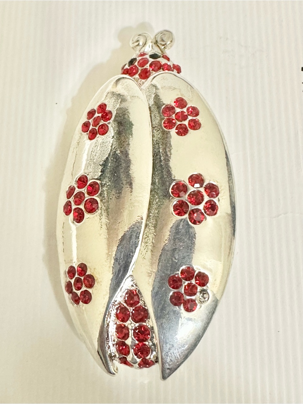 Vintage Silver Ladybug Brooch with Red Rhinestones